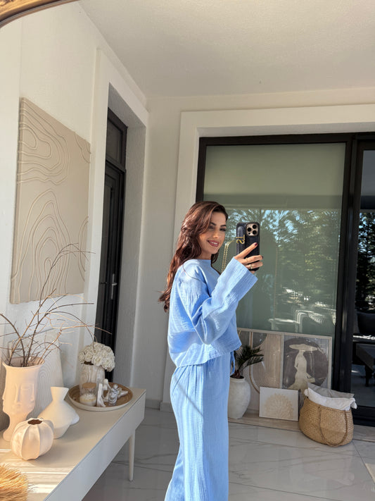 Mavi Müslin Crop Pantolon Takım