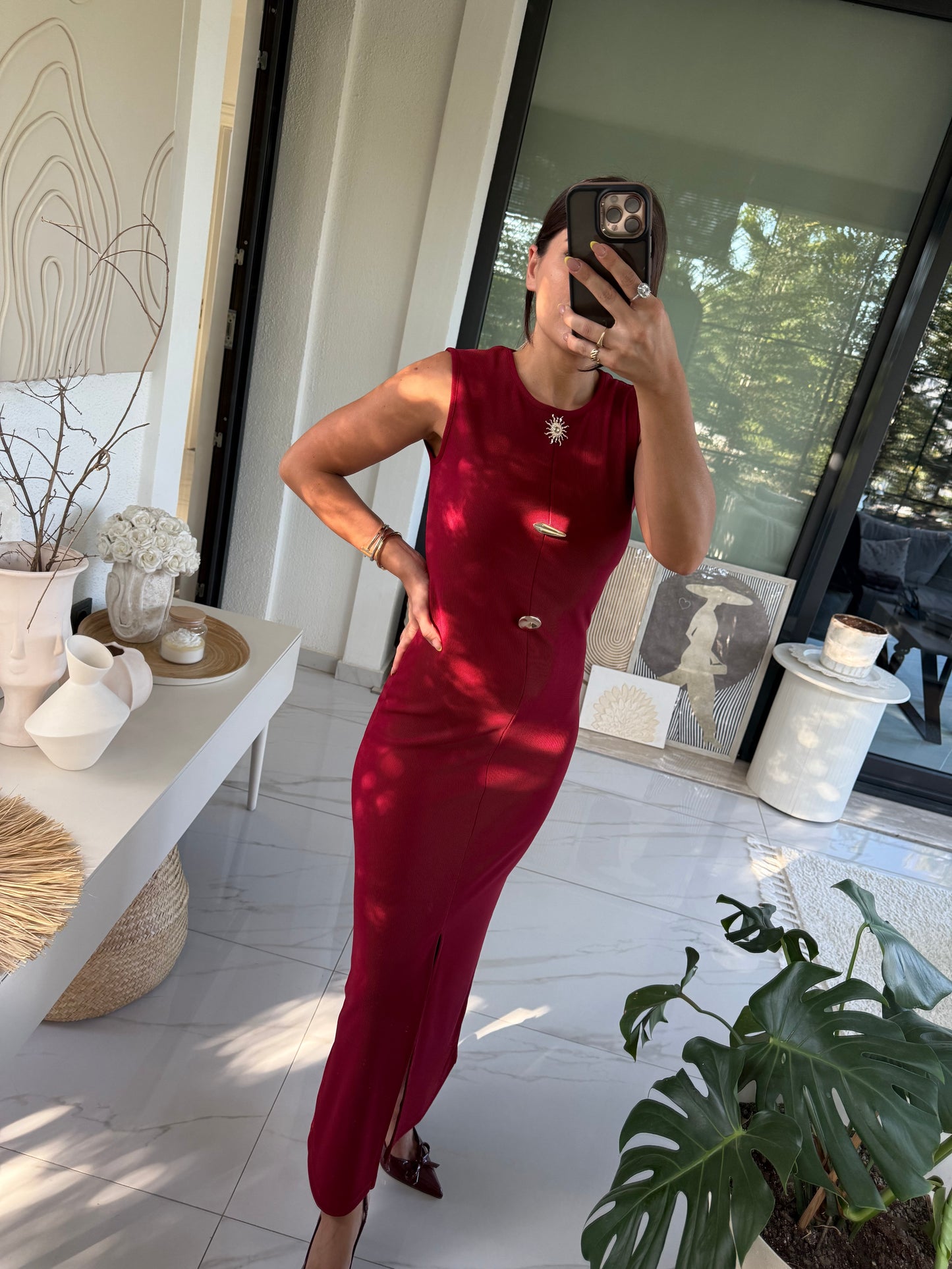 Bordo Gold Aksesuarlı Elbise