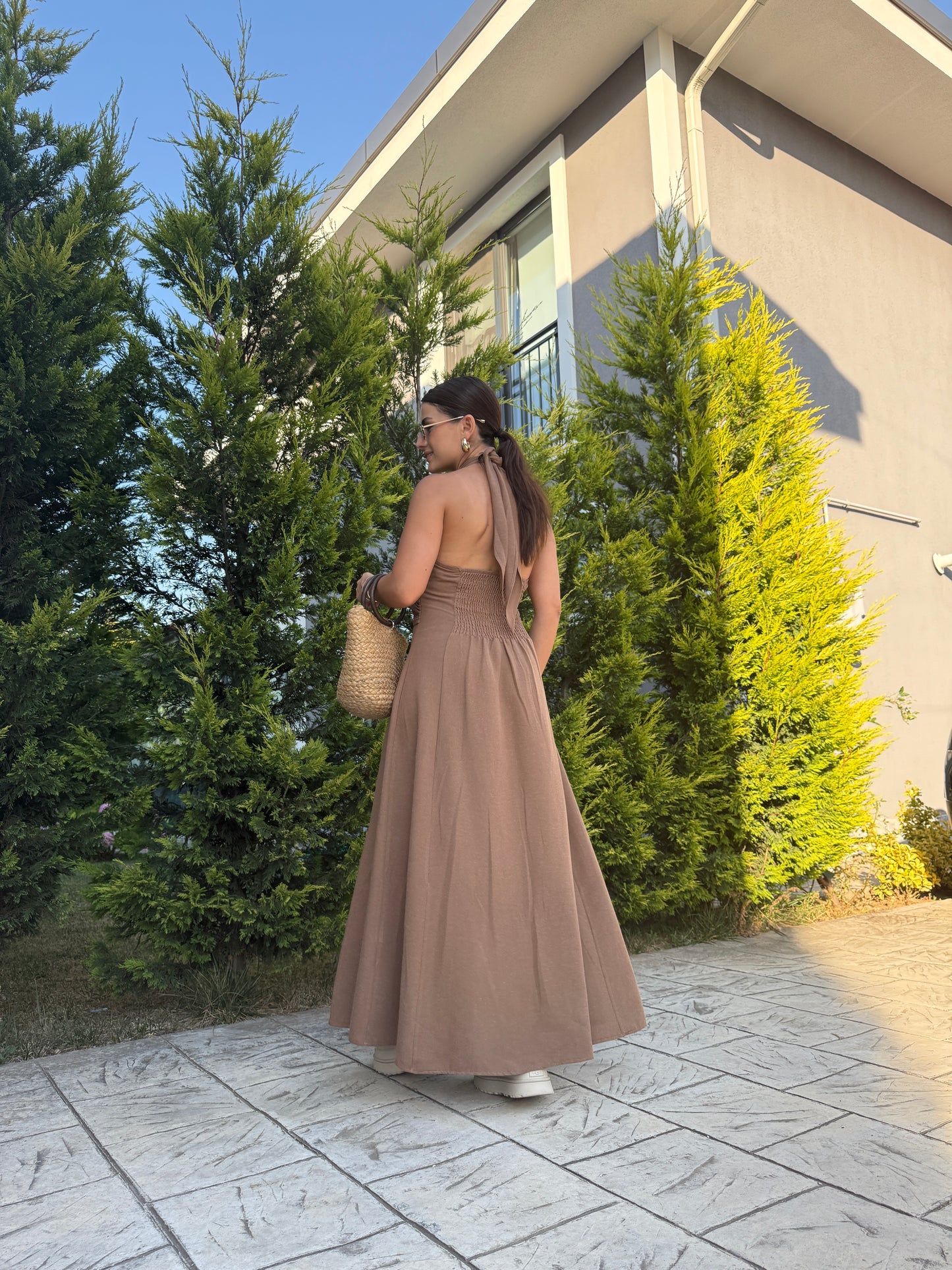 Kahve Çapraz Bağlamalı Keten Elbise