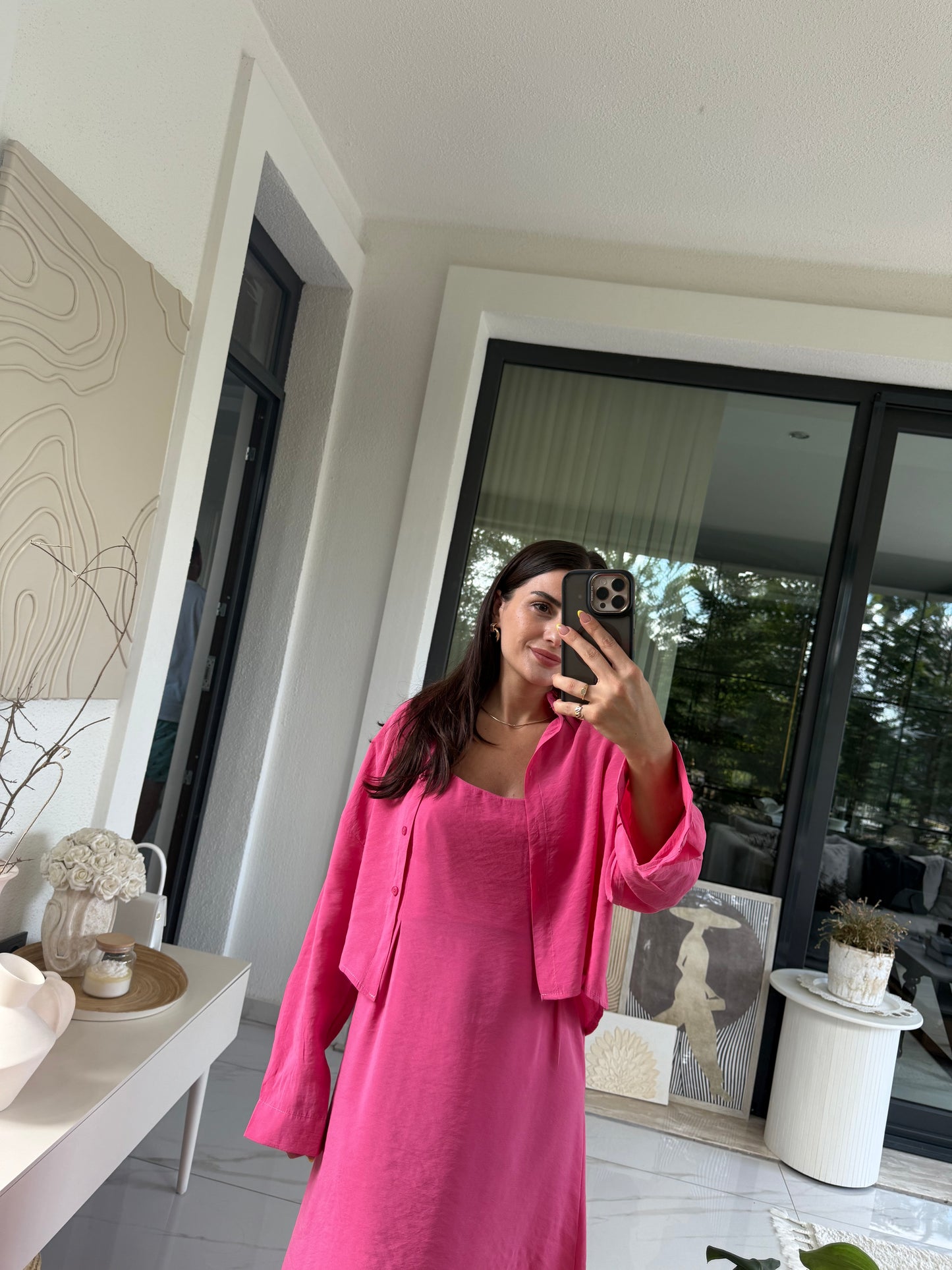 Pembe Askılı Elbise Crop Gömlek Takım