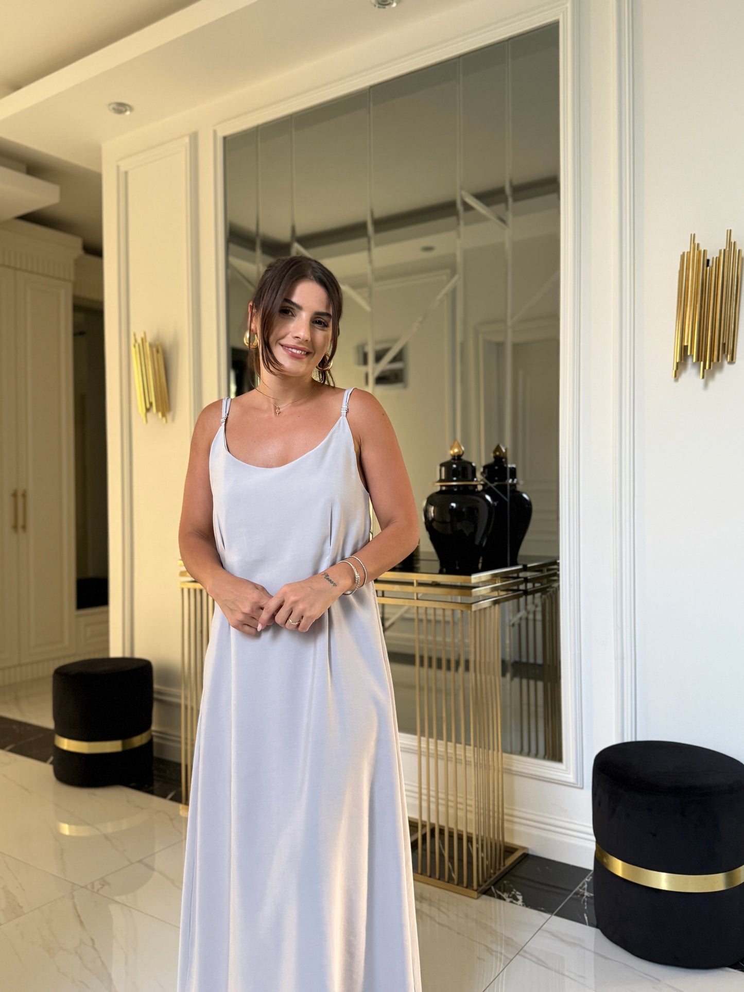 Açık Gri Askılı Crop Ve Gömlek Takım