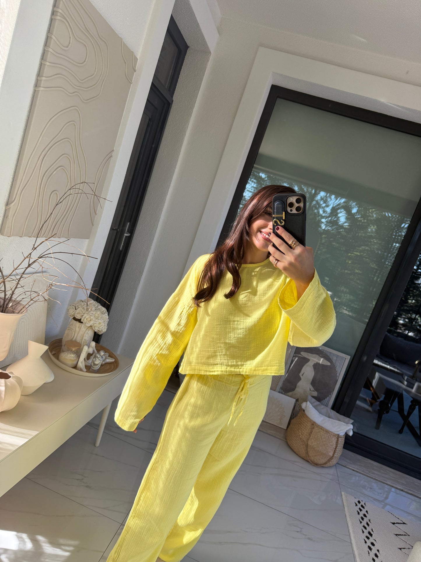 Sarı Müslin Crop Pantolon Takım