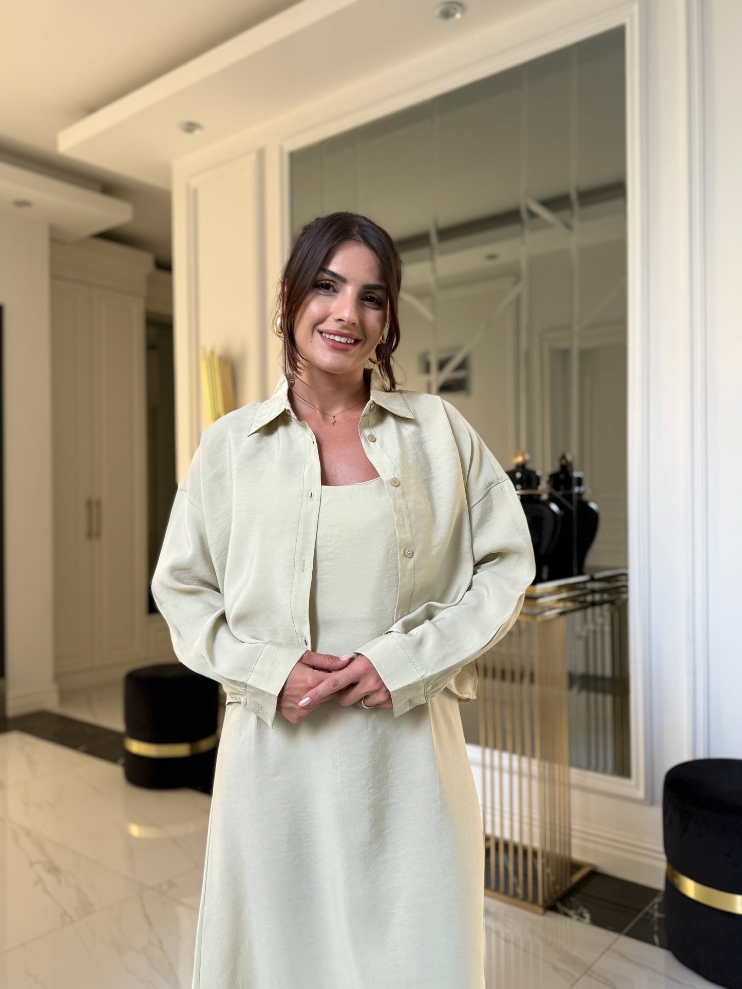 Mint Yeşil Askılı Crop Ve Gömlek Takım