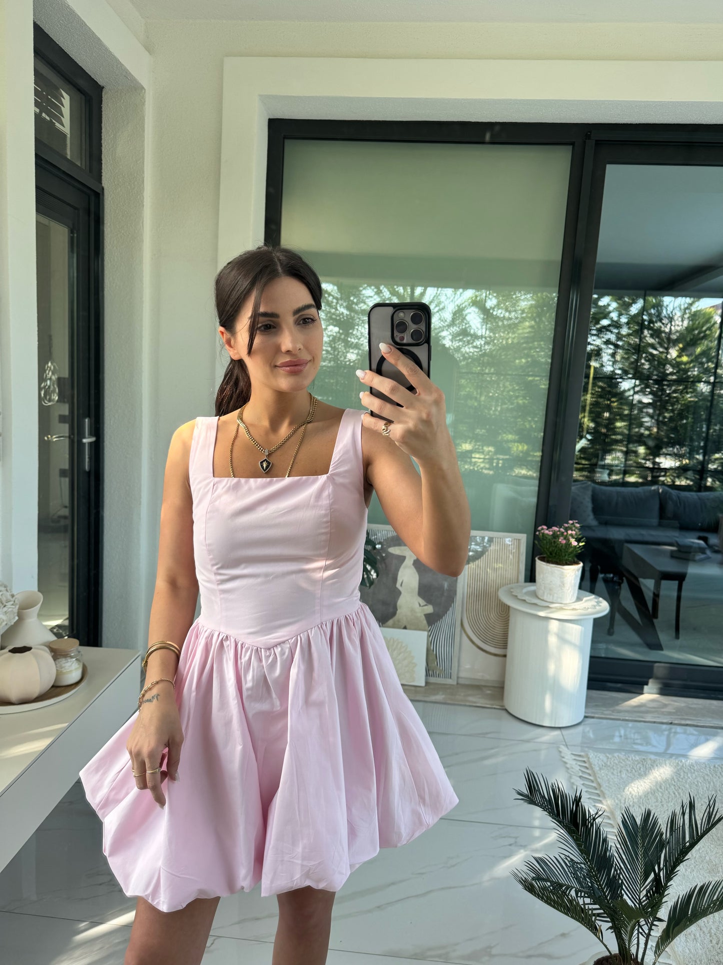 Pembe Askılı Balon Elbise