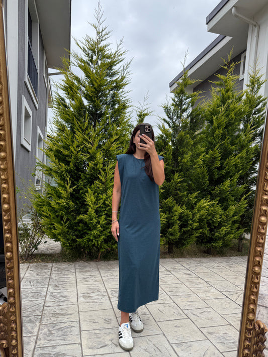 Yeşil Desenli Vatkalı Modal Midi Elbise