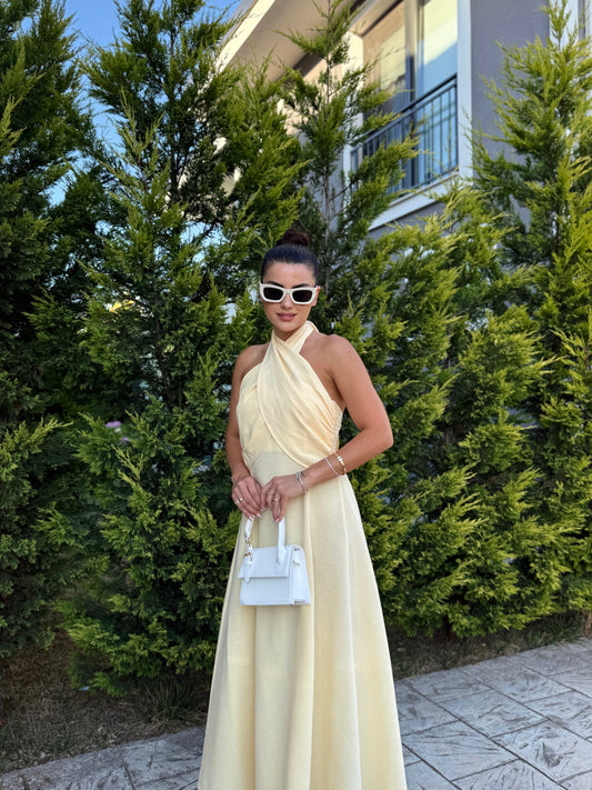 Sarı Çapraz Bağlamalı Keten Elbise
