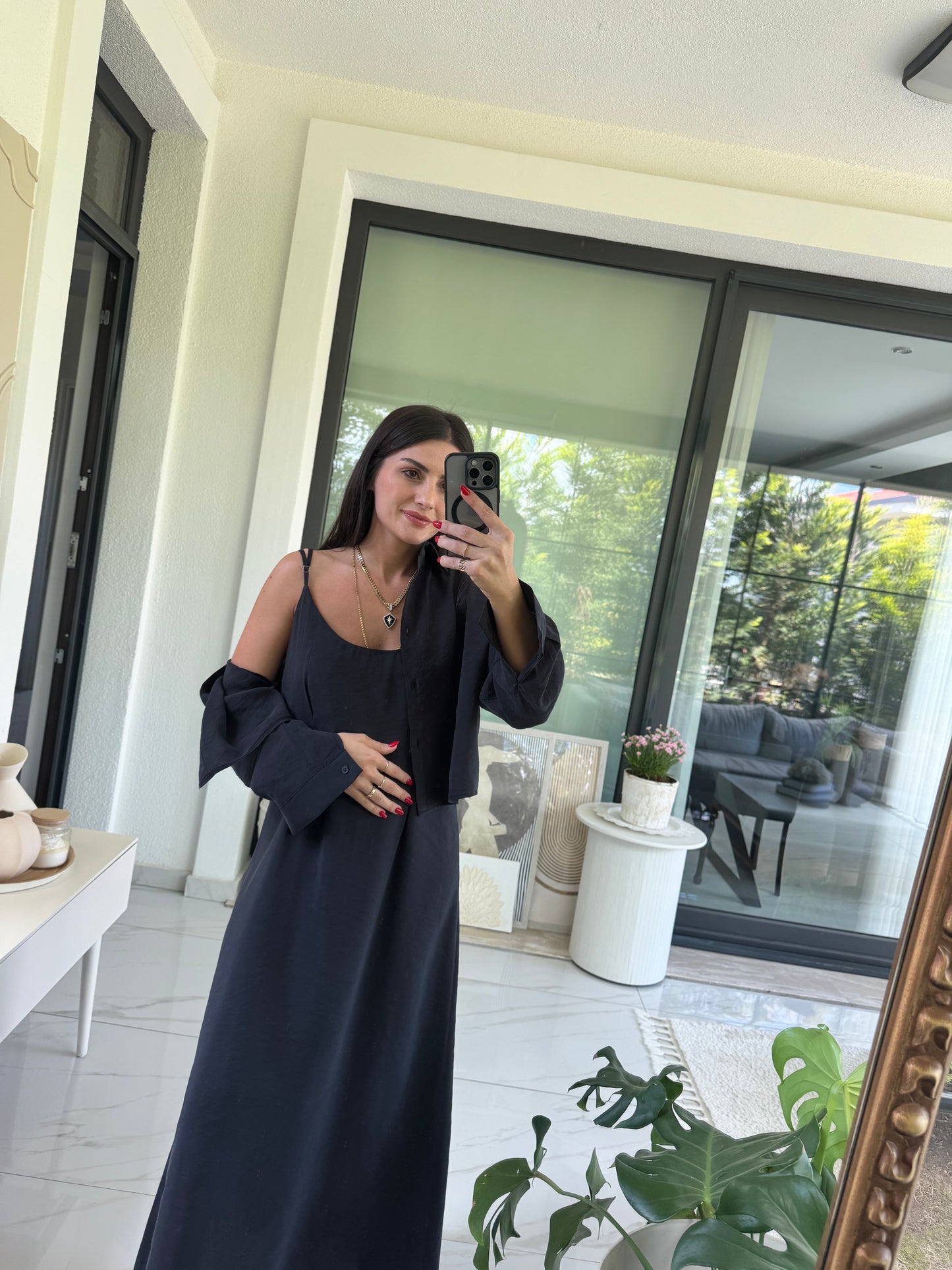 Antrasit Gri Askılı Elbise Crop Gömlek Takım