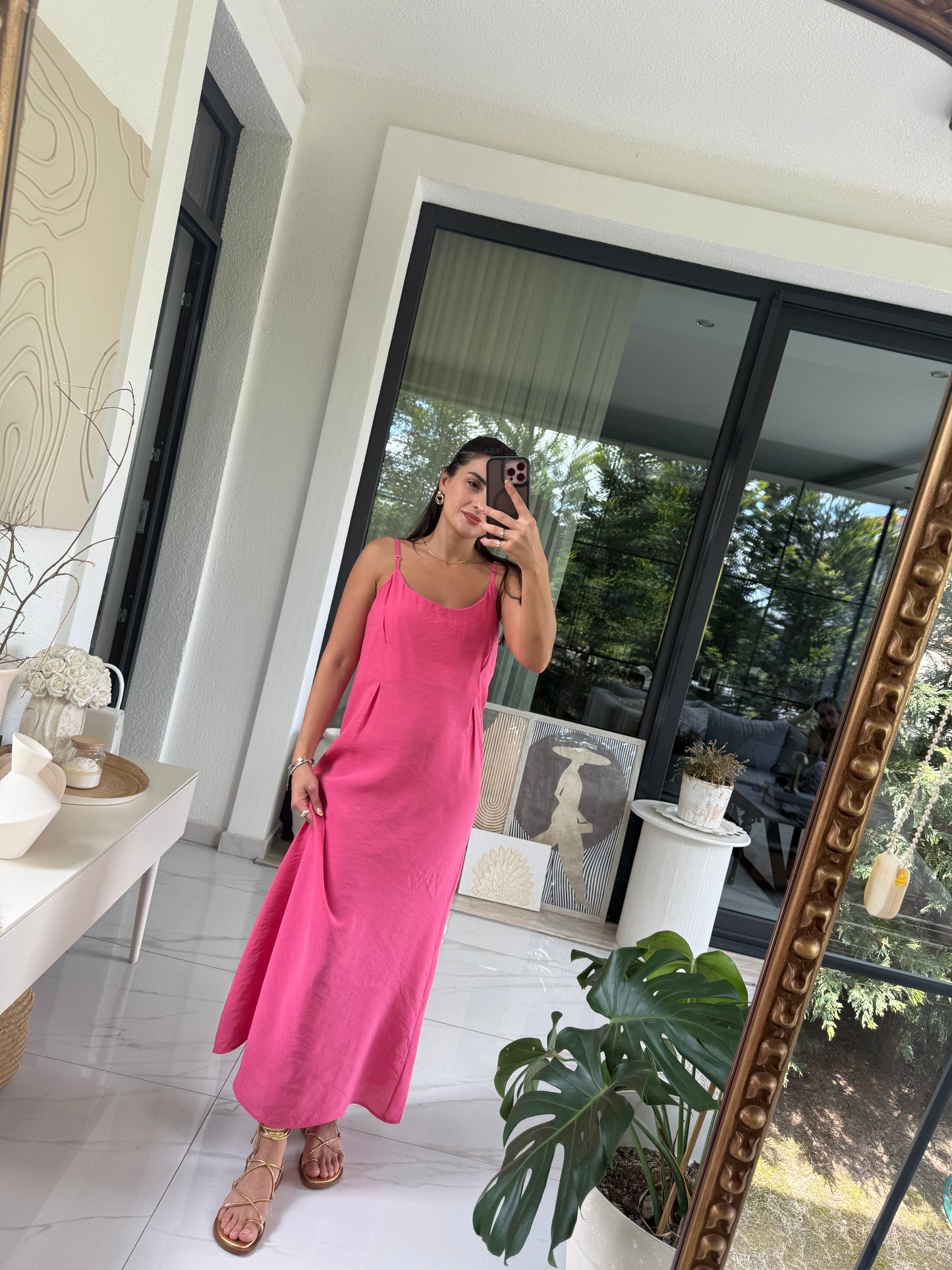 Pembe Askılı Elbise Crop Gömlek Takım
