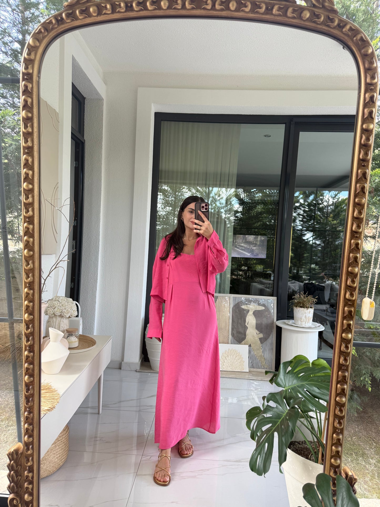 Pembe Askılı Elbise Crop Gömlek Takım