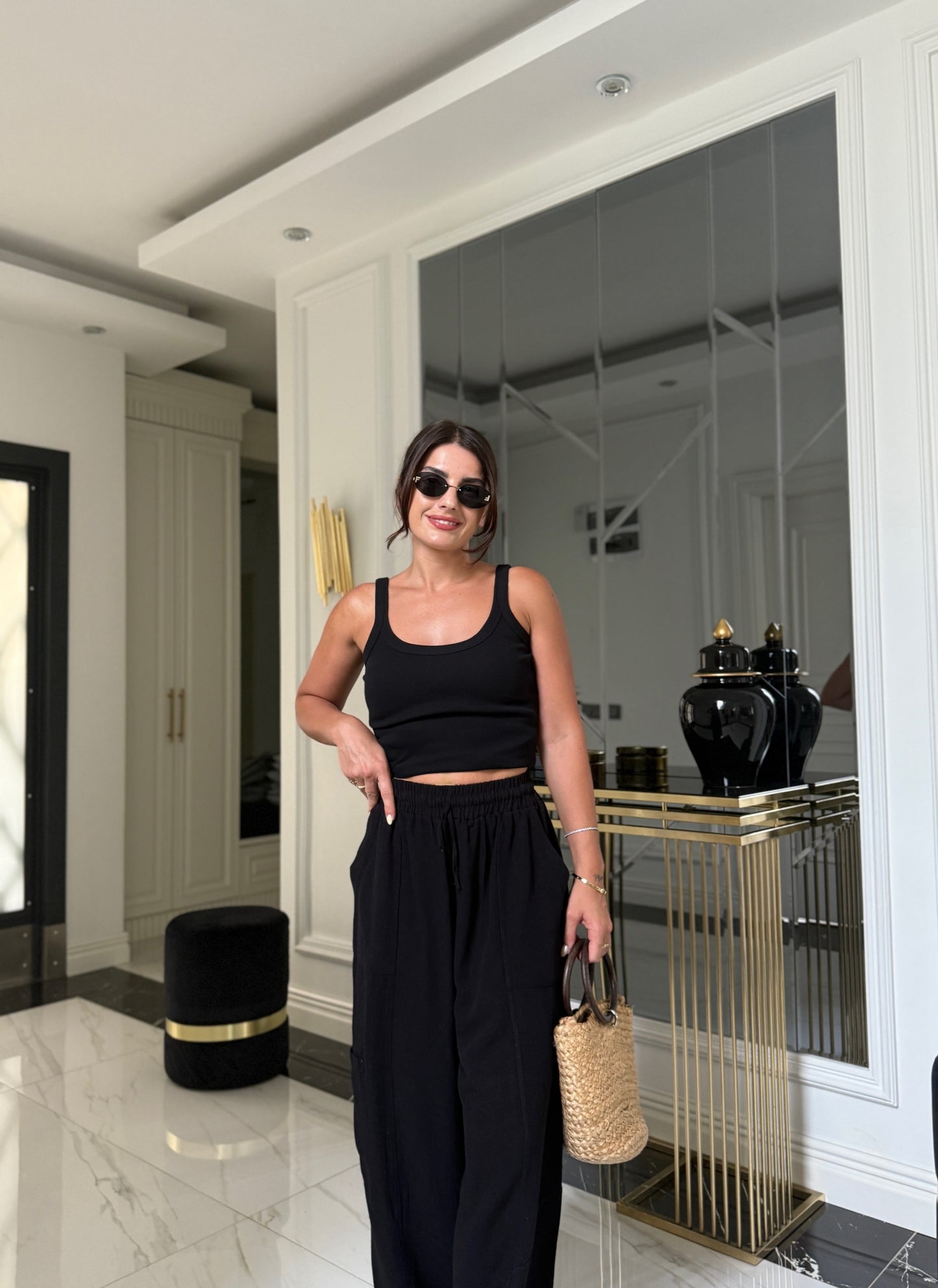 Siyah Keten Jogger Pantolon