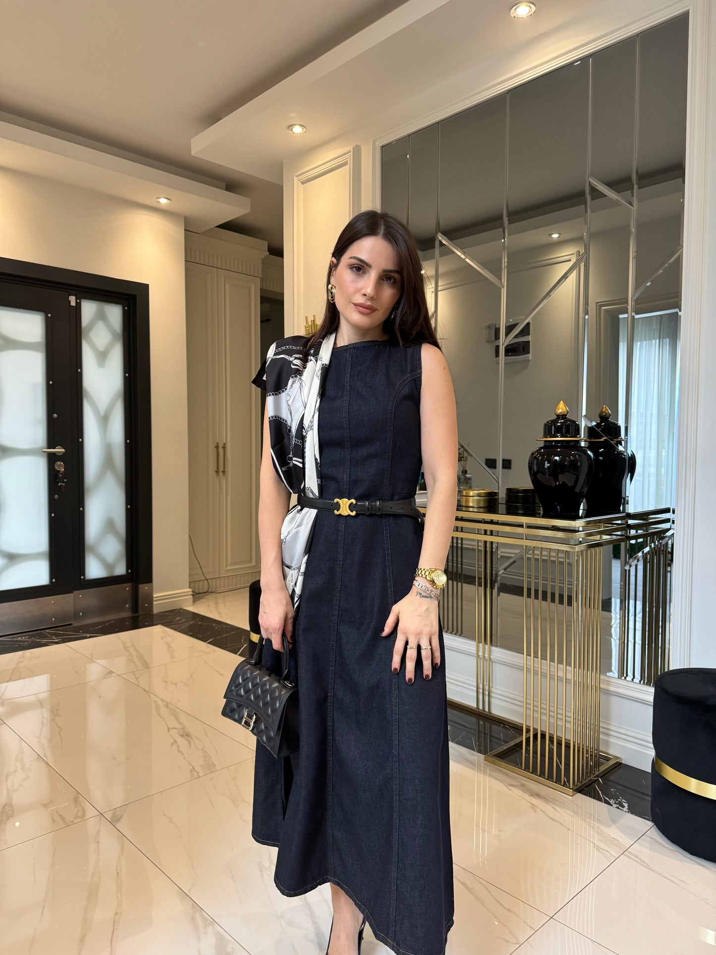 Lacivert Sıfır Kol Denim Elbise