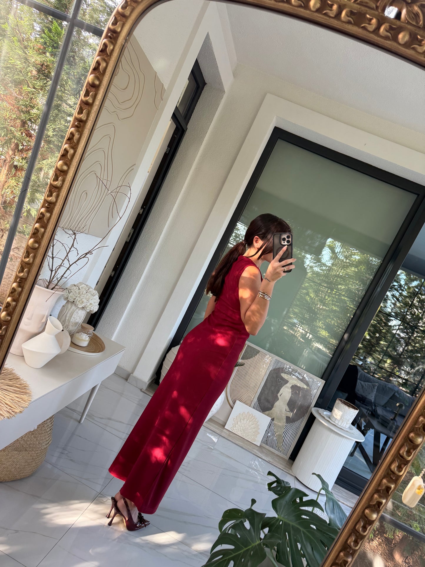 Bordo Gold Aksesuarlı Elbise
