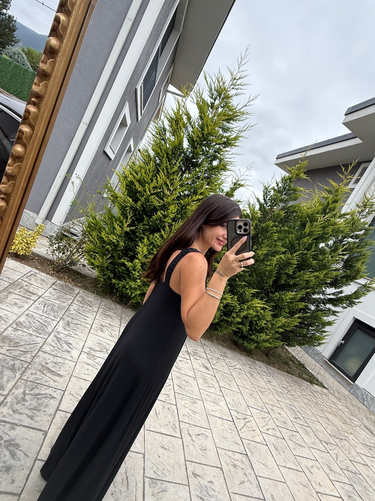 Siyah Askılı Modal Maxi Elbise