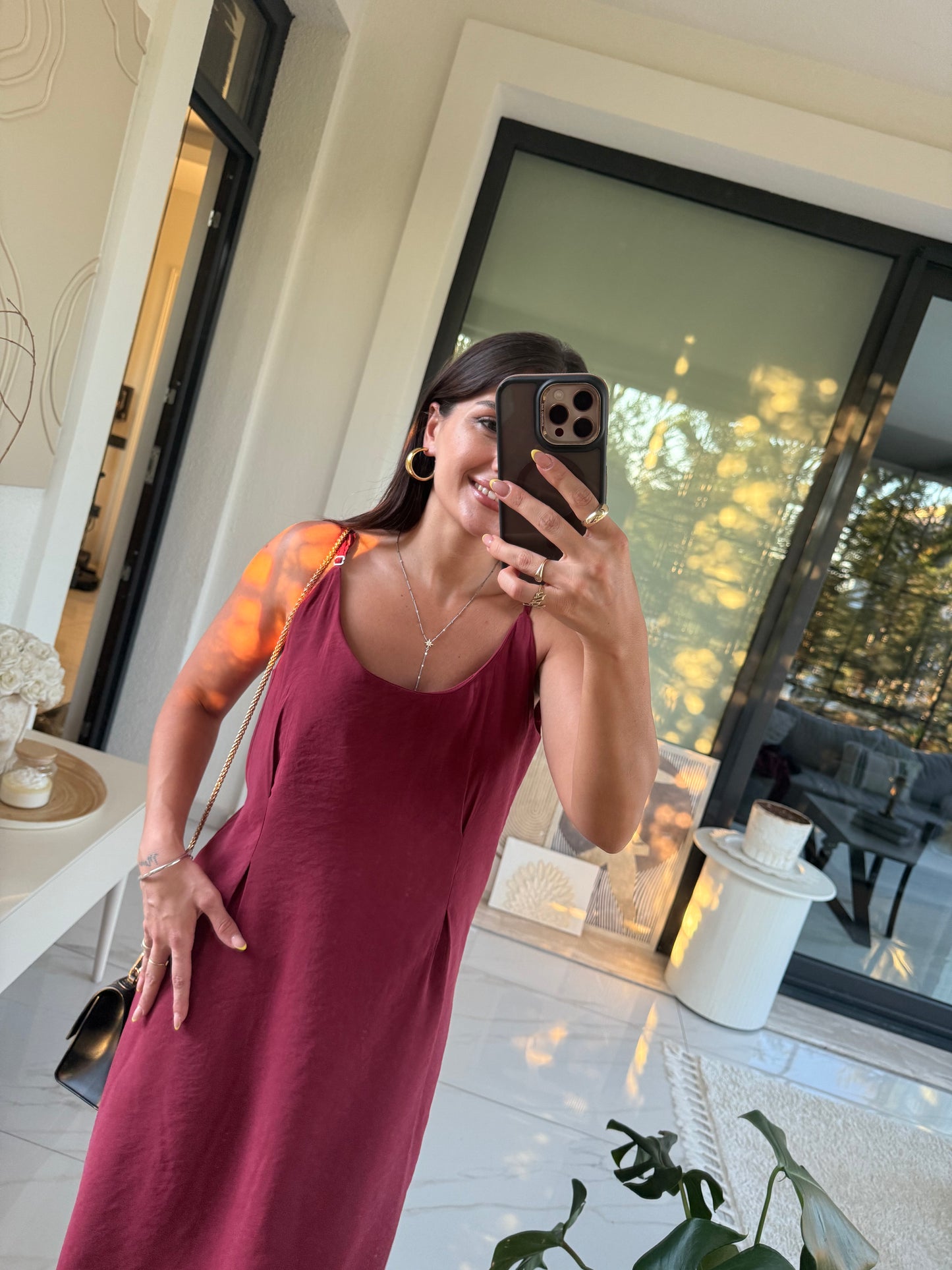 Bordo Askılı Elbise ve Crop Gömlek Takım