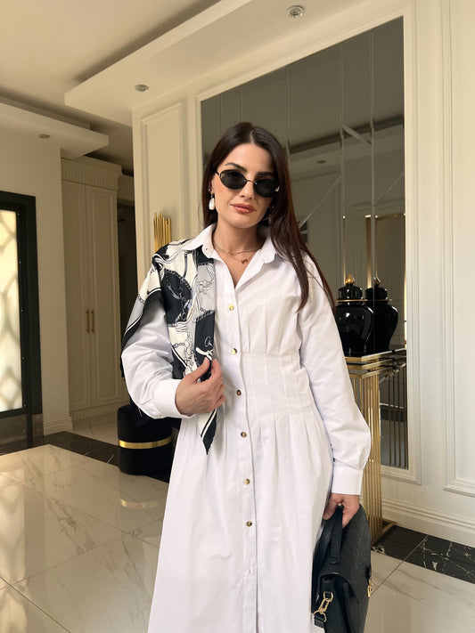 Beyaz Belden Oturtmalı Poplin Elbise