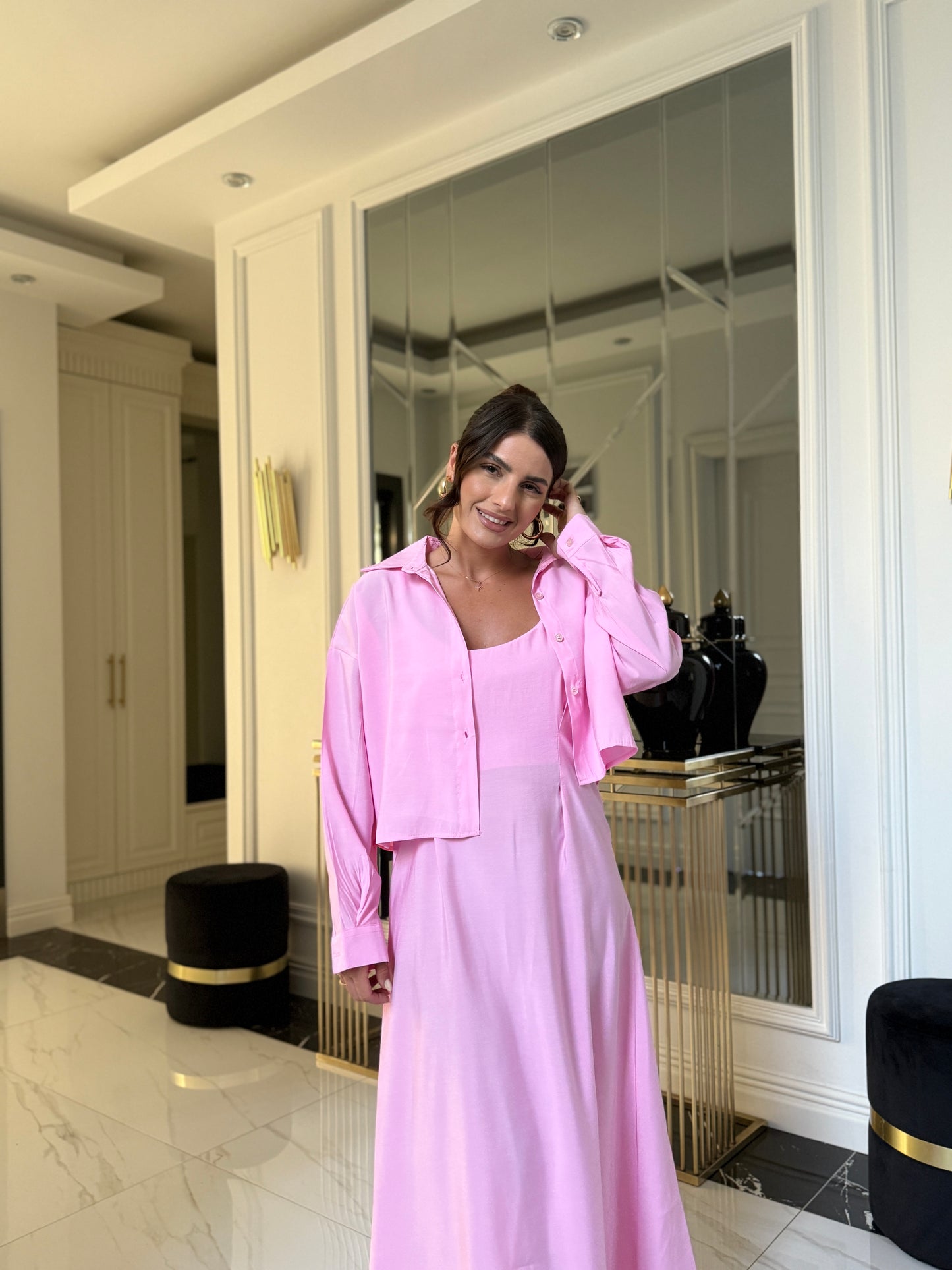 Pembe Askılı Elbise ve Crop Gömlek Takım