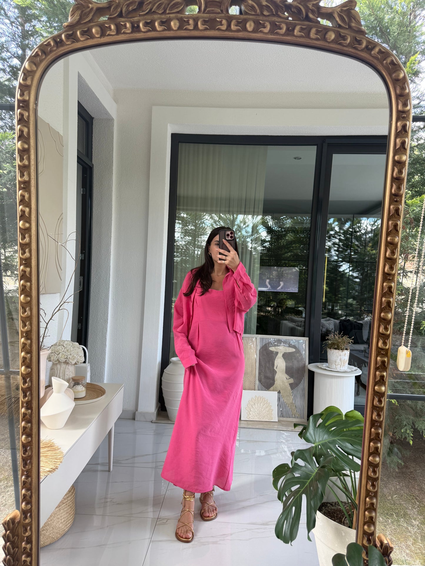 Pembe Askılı Elbise Crop Gömlek Takım