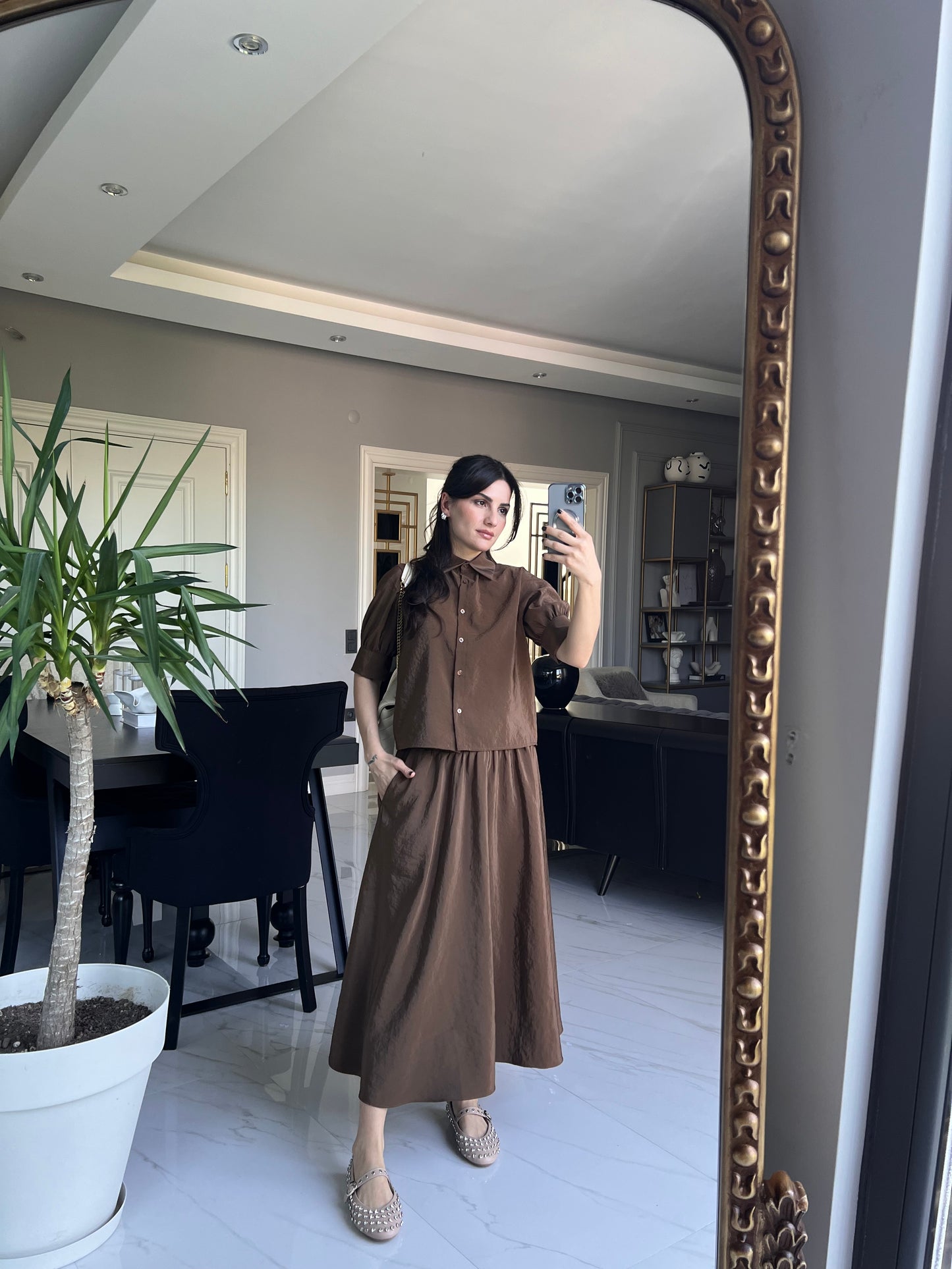 Kahve Paraşüt Etek Gömlek Takım