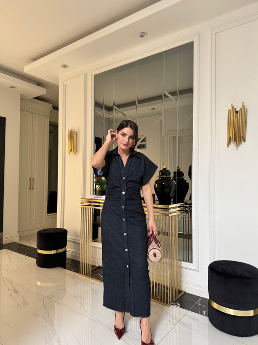 Belden Oturtmalı Düğmeli Denim Elbise