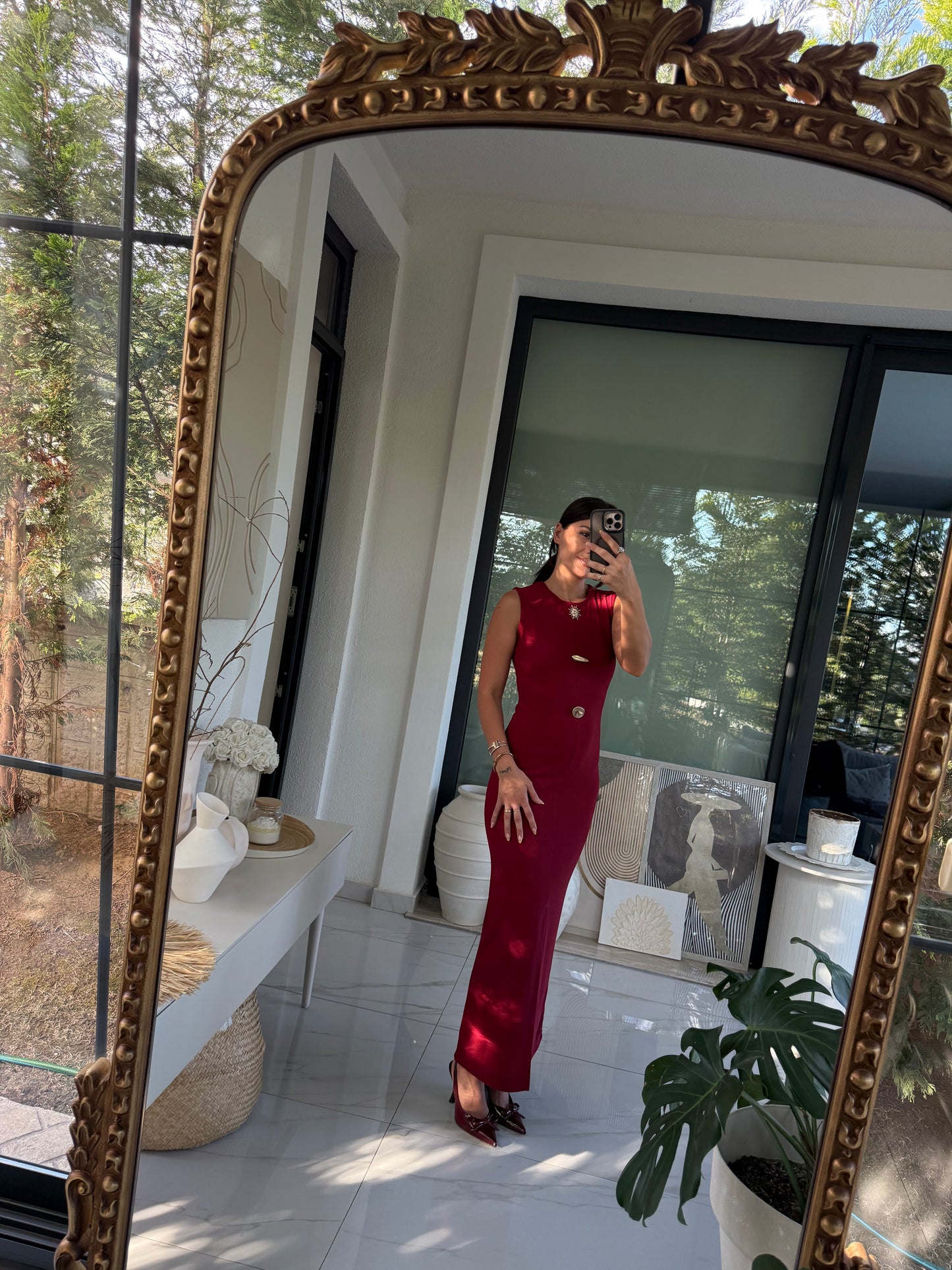 Bordo Gold Aksesuarlı Elbise