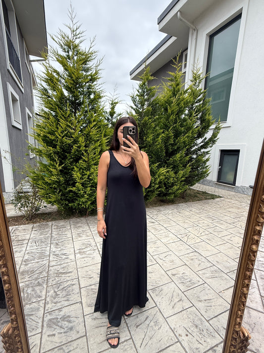 Siyah Askılı Modal Maxi Elbise