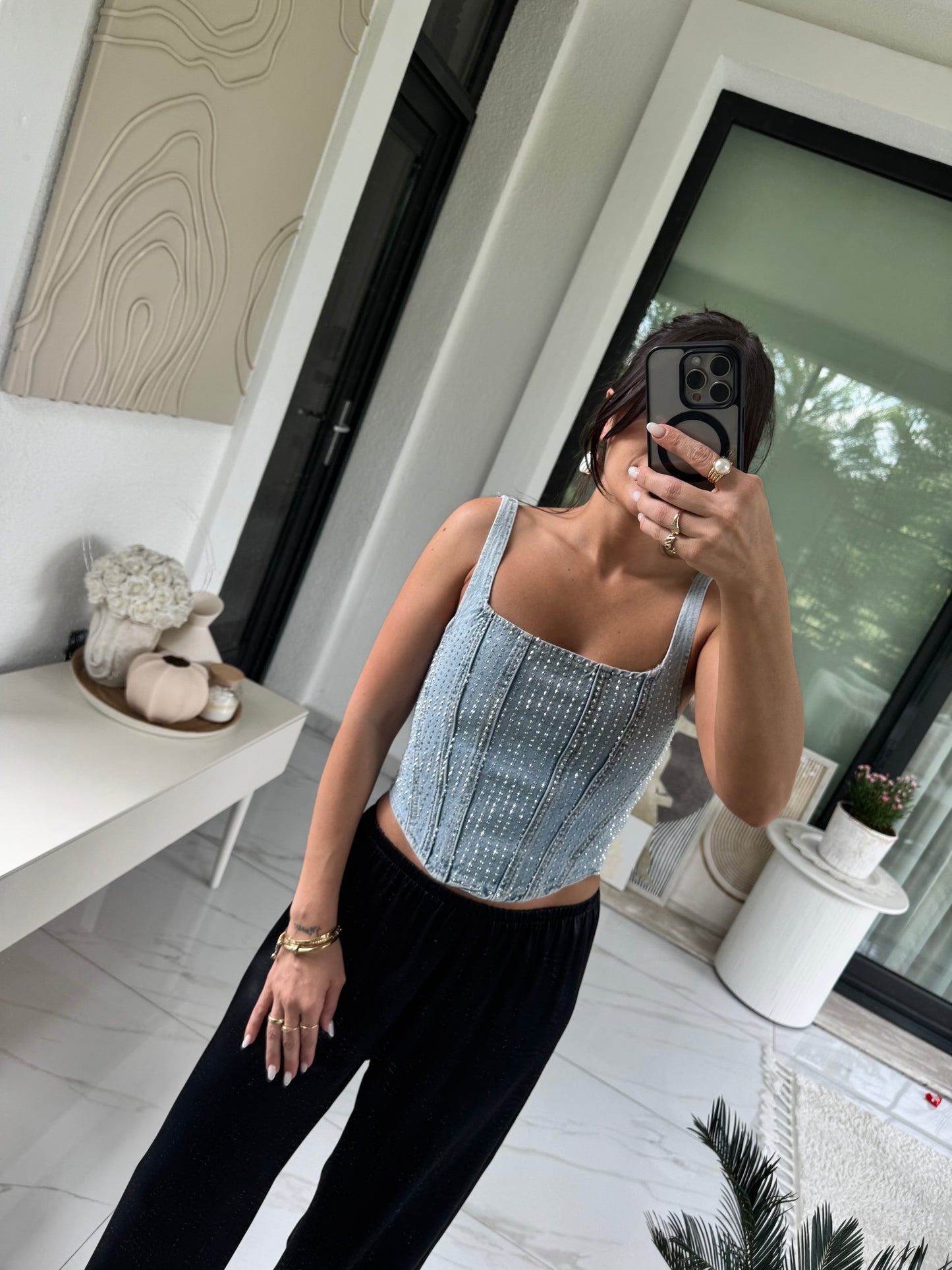 Denim Taş İşlemeli Büstiyer