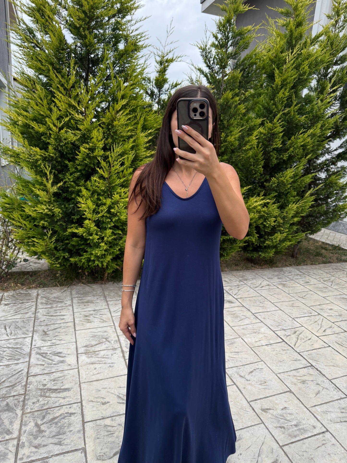 İndigo Askılı Modal Maxi Elbise