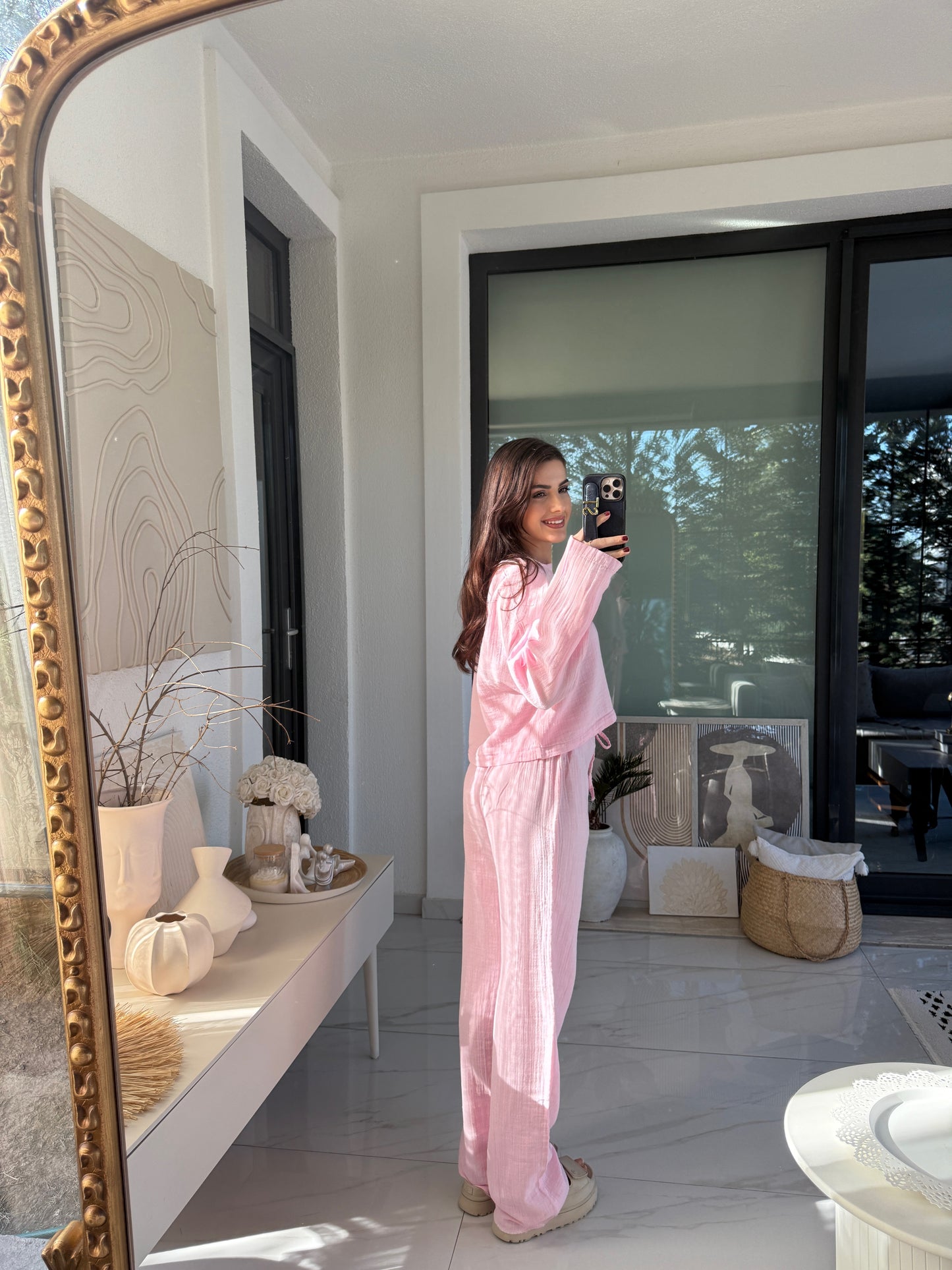 Pembe Müslin Crop Pantolon Takım