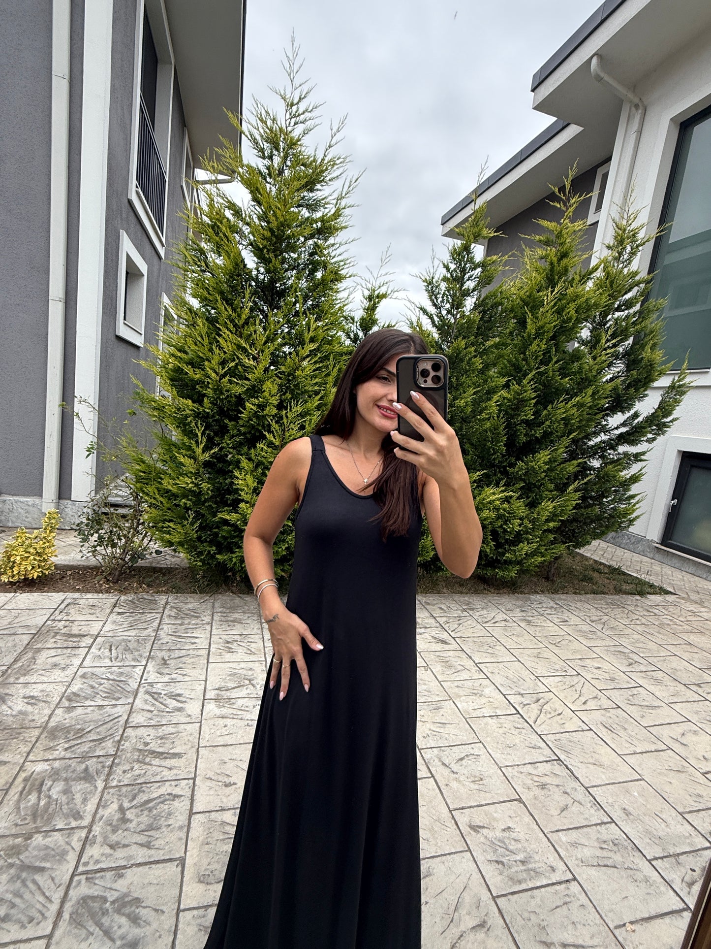 Siyah Askılı Modal Maxi Elbise