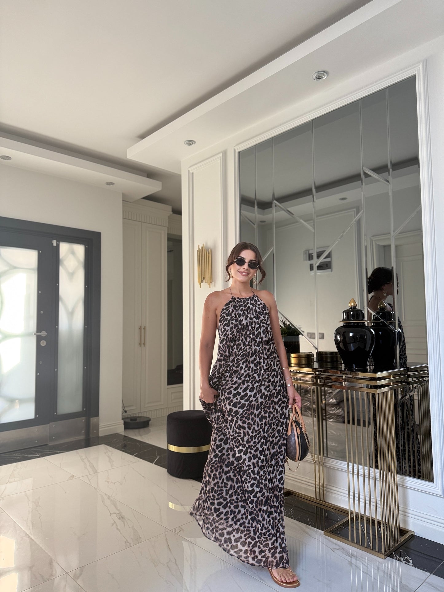 Leopar Sırt Detaylı Astarlı Şifon Elbise