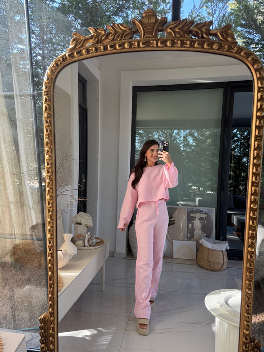 Pembe Müslin Crop Pantolon Takım