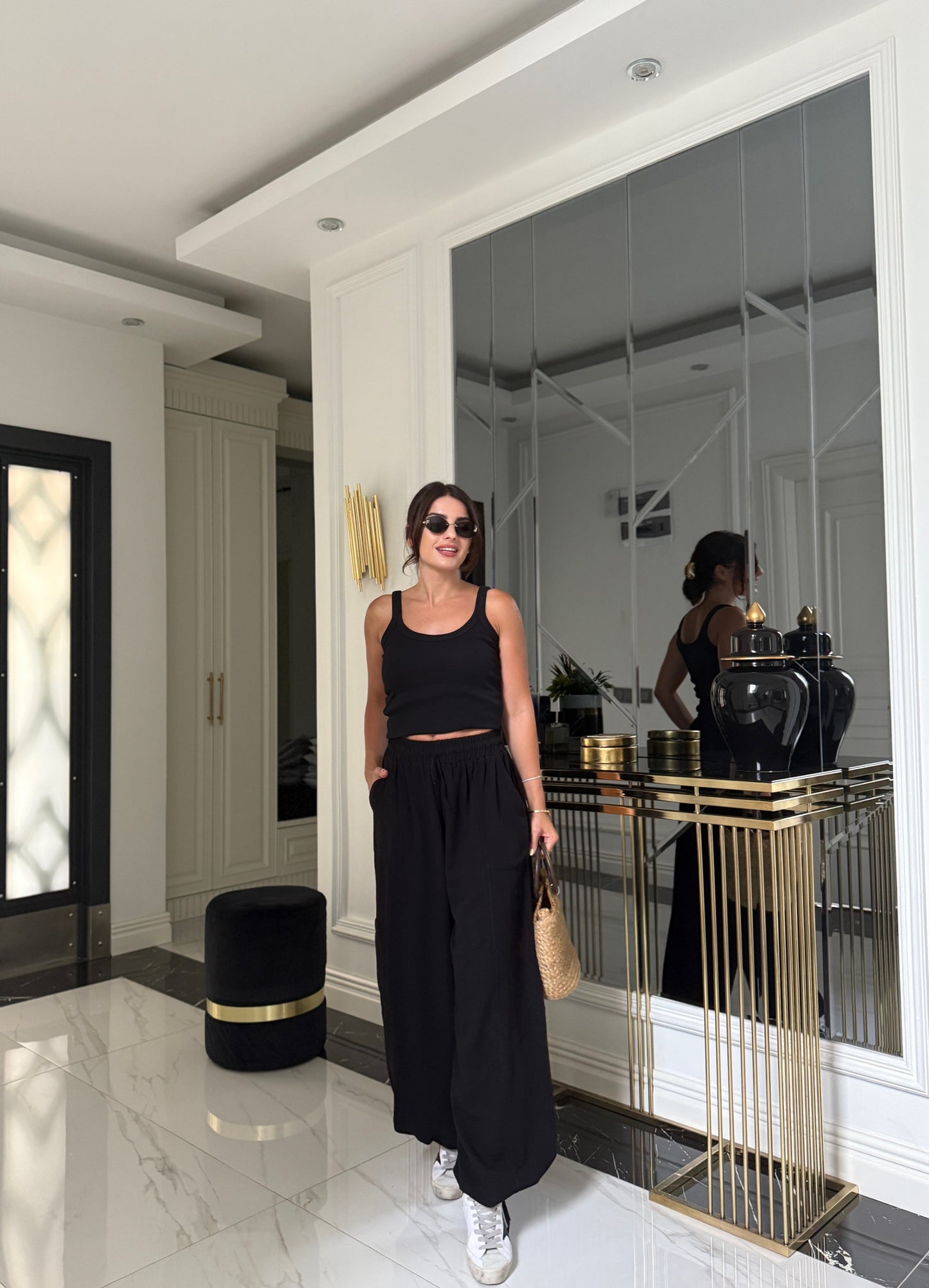 Siyah Keten Jogger Pantolon