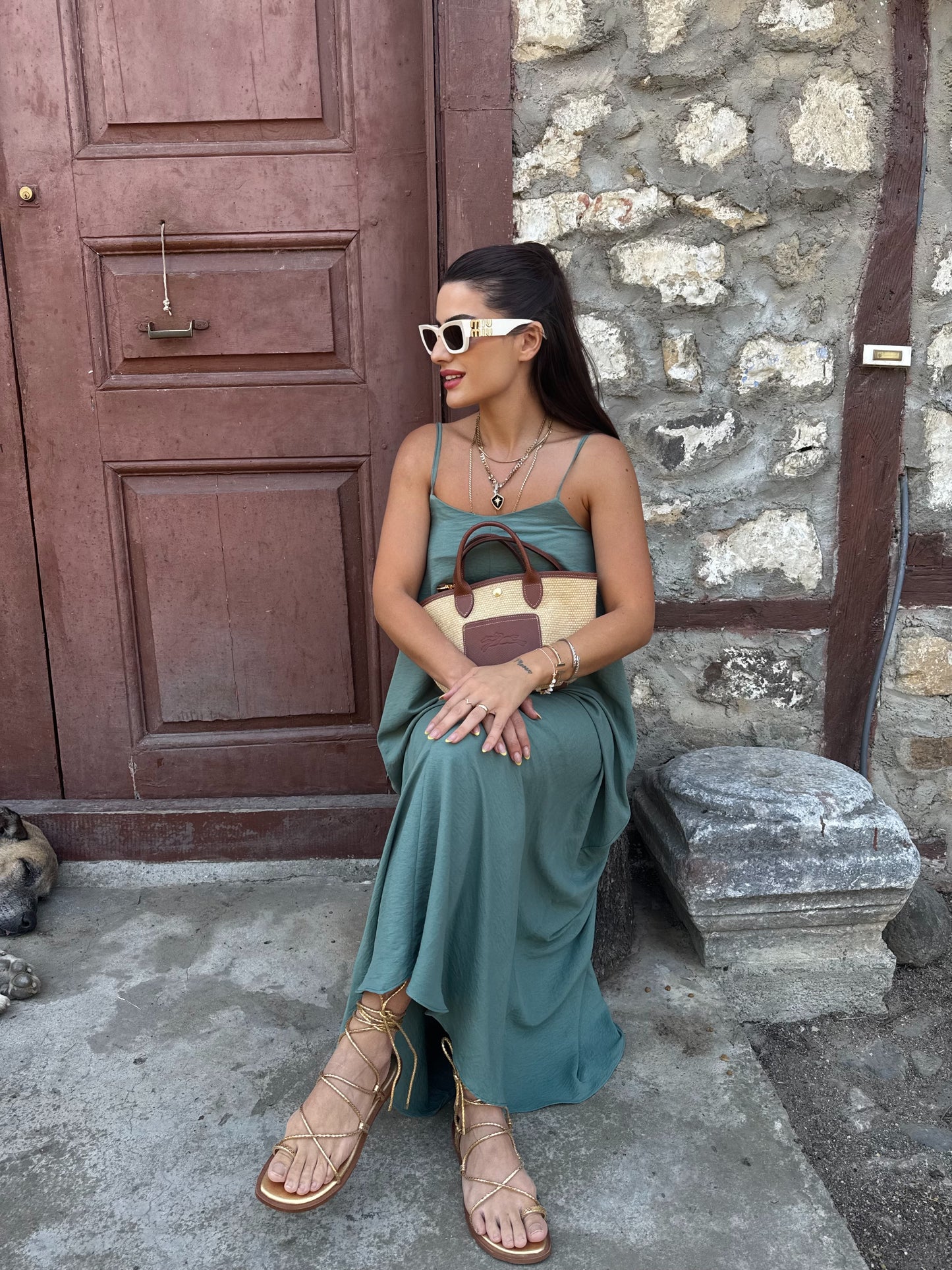 Mint Tensel Askılı Maxi Elbise