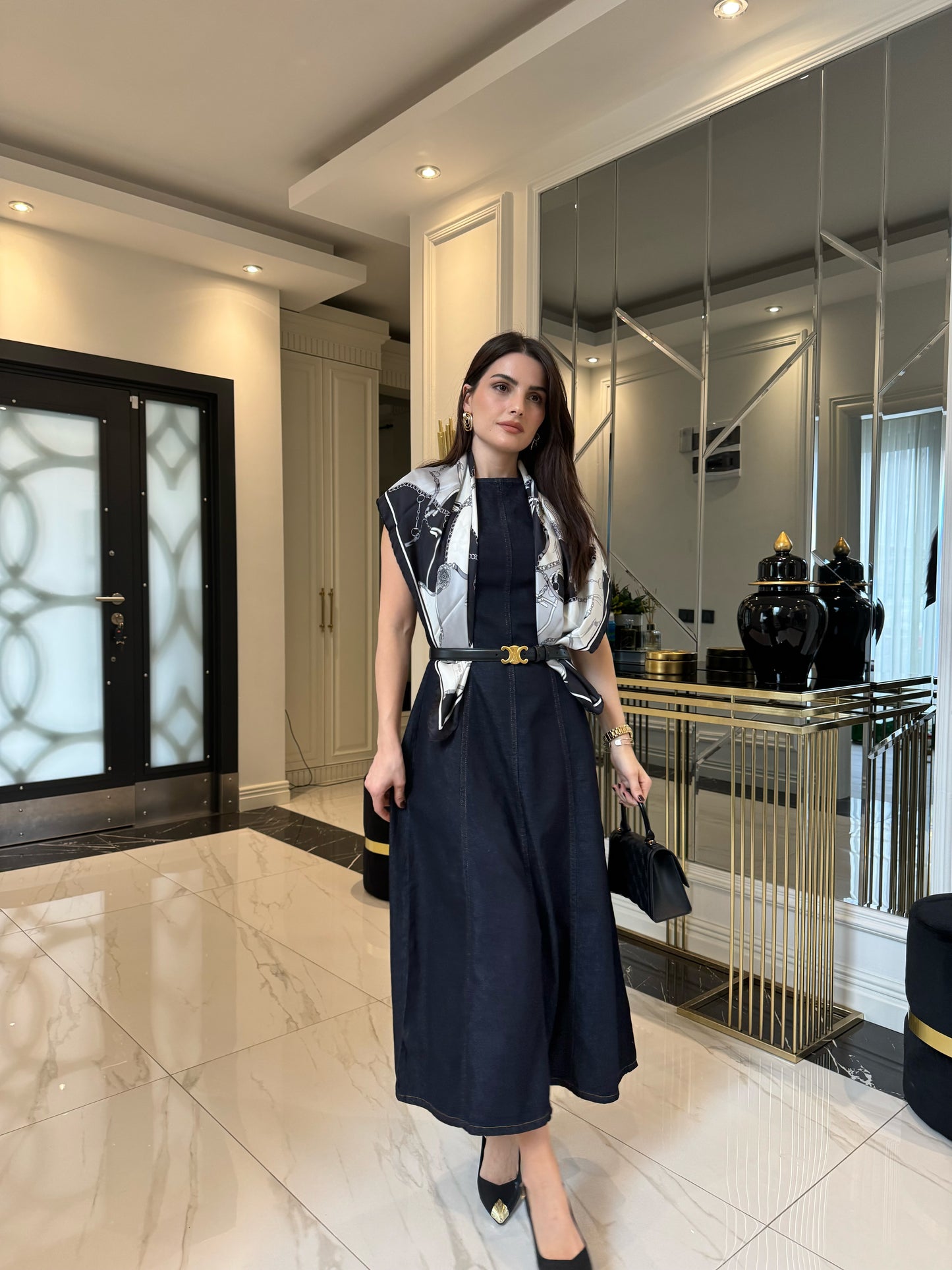 Lacivert Sıfır Kol Denim Elbise