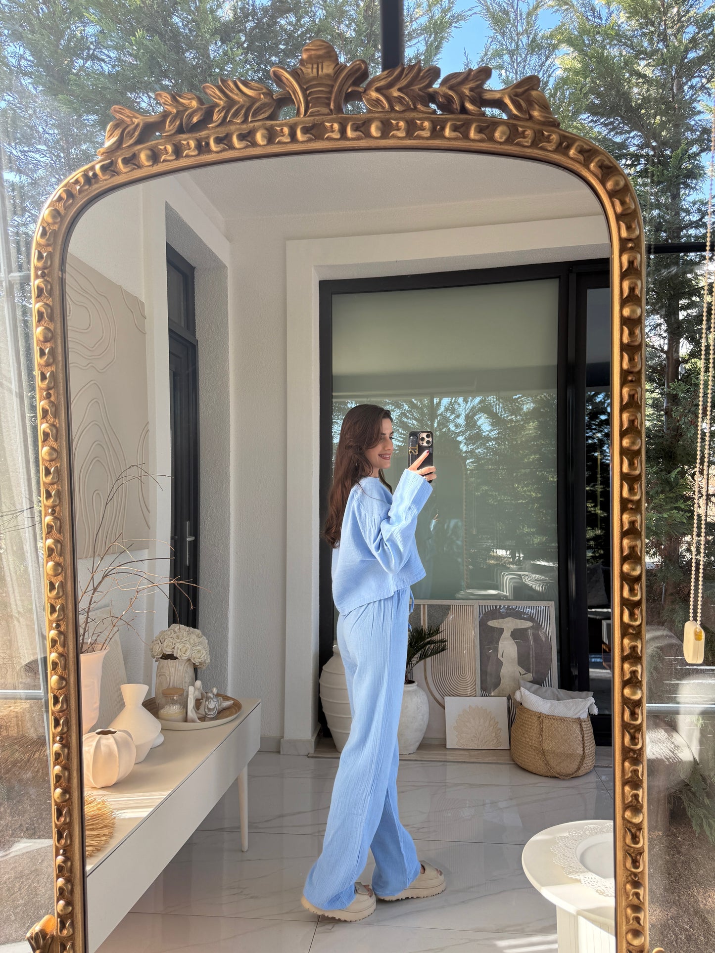 Mavi Müslin Crop Pantolon Takım