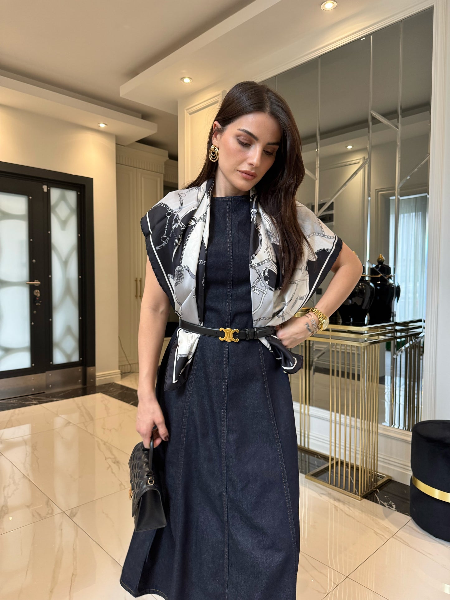 Lacivert Sıfır Kol Denim Elbise