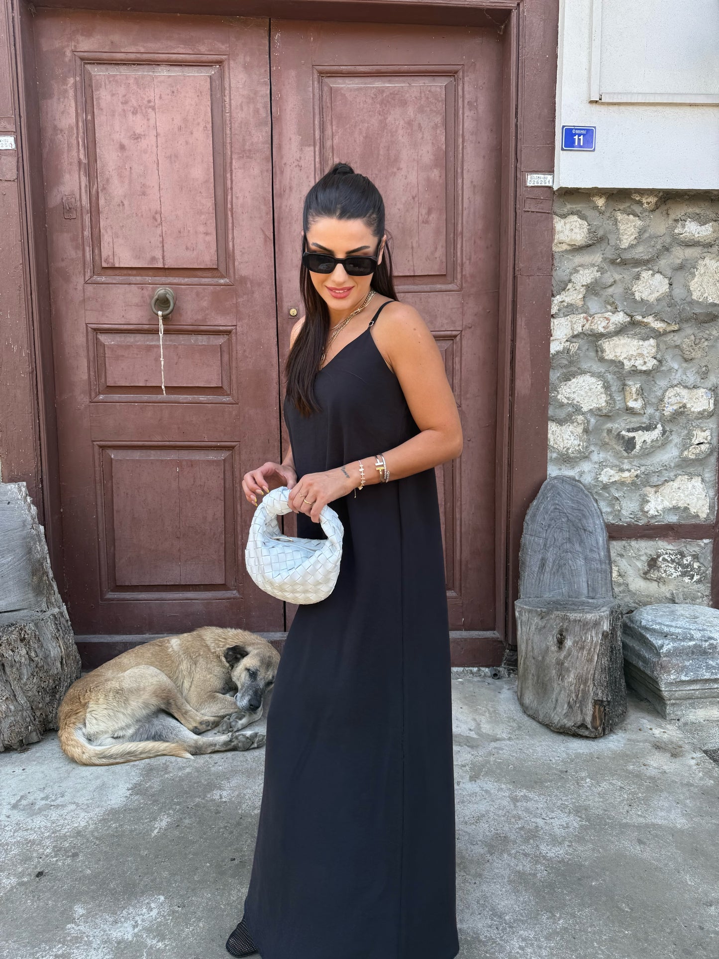 Siyah Tensel Maxi Askılı Elbise