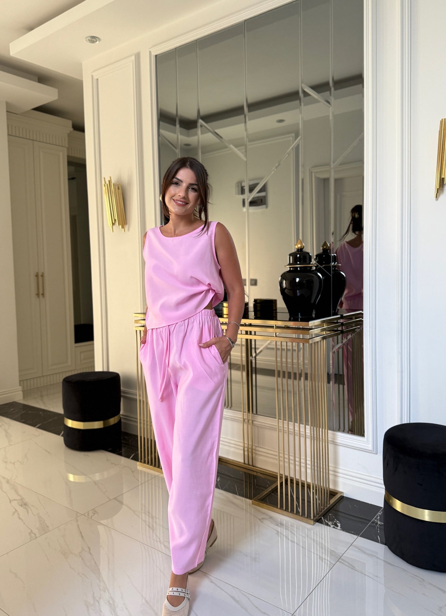Pembe Tensel Kolsuz Bluz Ve Pantolon Takım