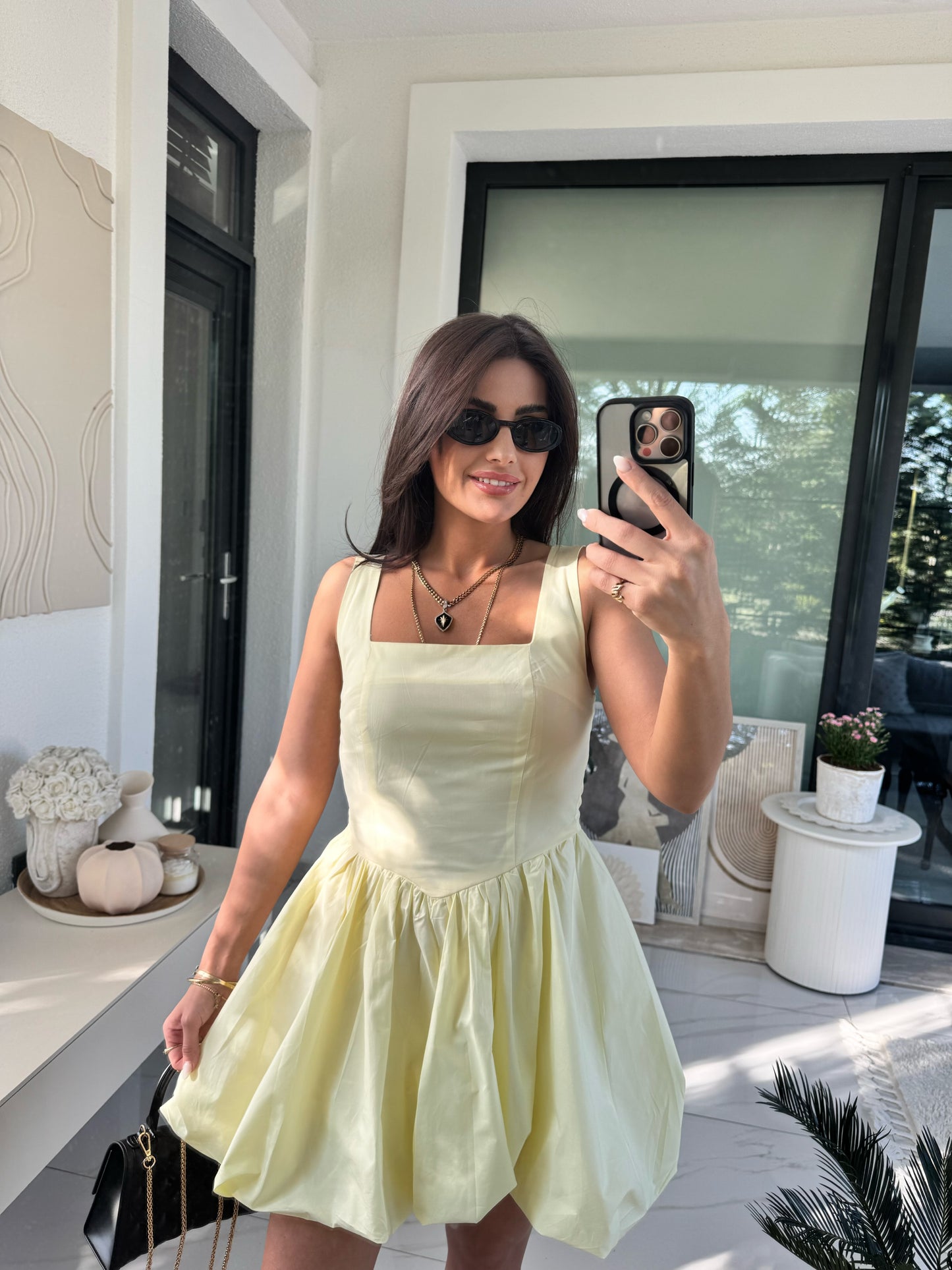 Sarı Askılı Balon Elbise
