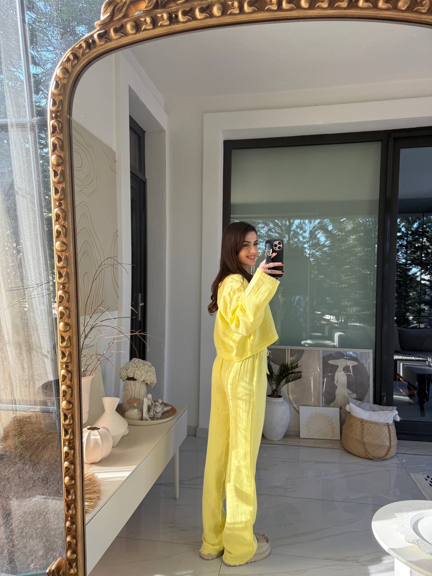 Sarı Müslin Crop Pantolon Takım