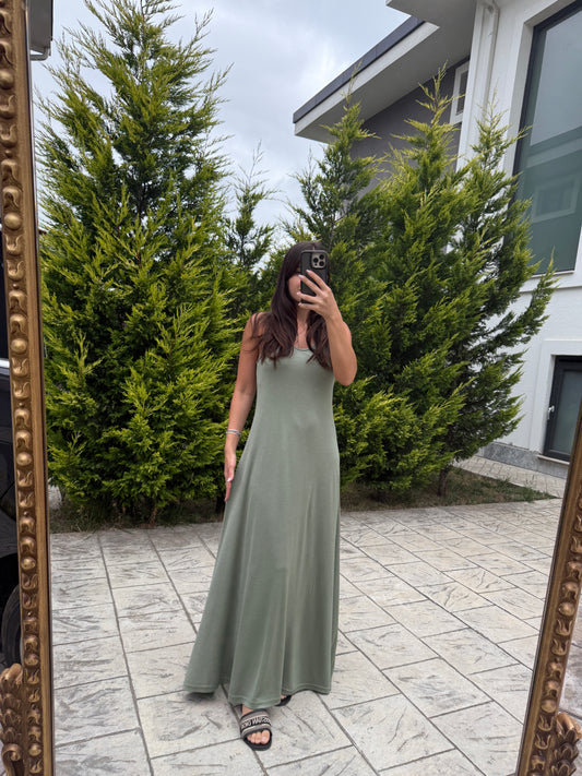 Mint Yeşili Askılı Modal Maxi Elbise