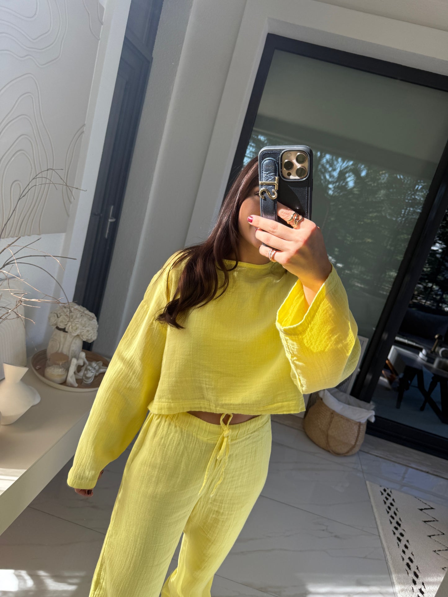 Sarı Müslin Crop Pantolon Takım