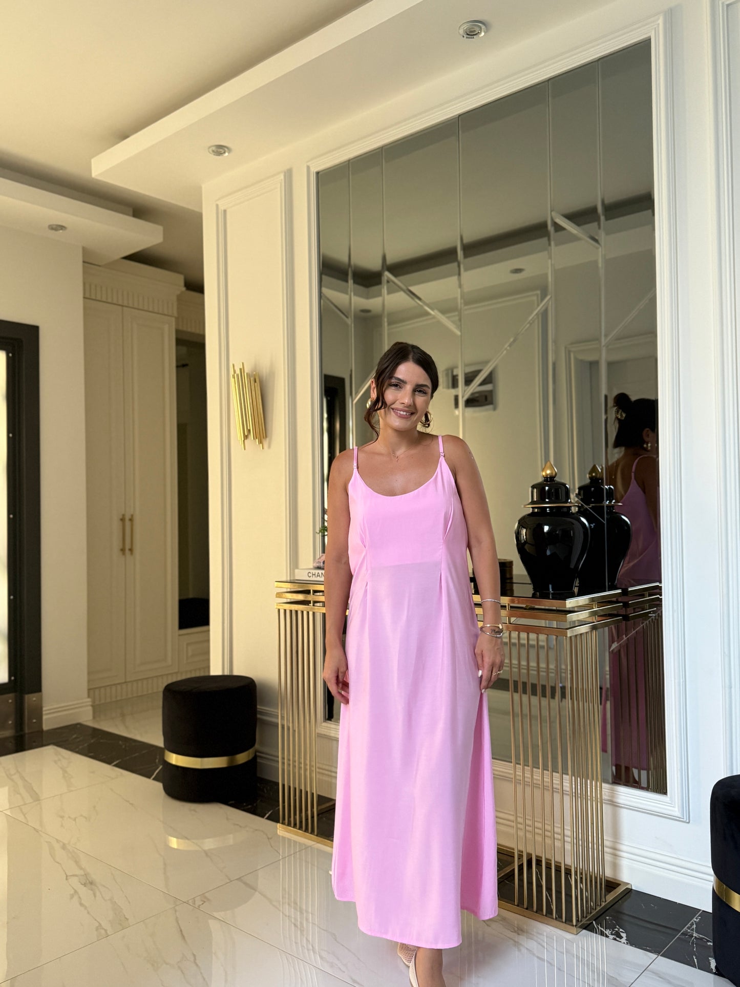 Pembe Askılı Elbise ve Crop Gömlek Takım