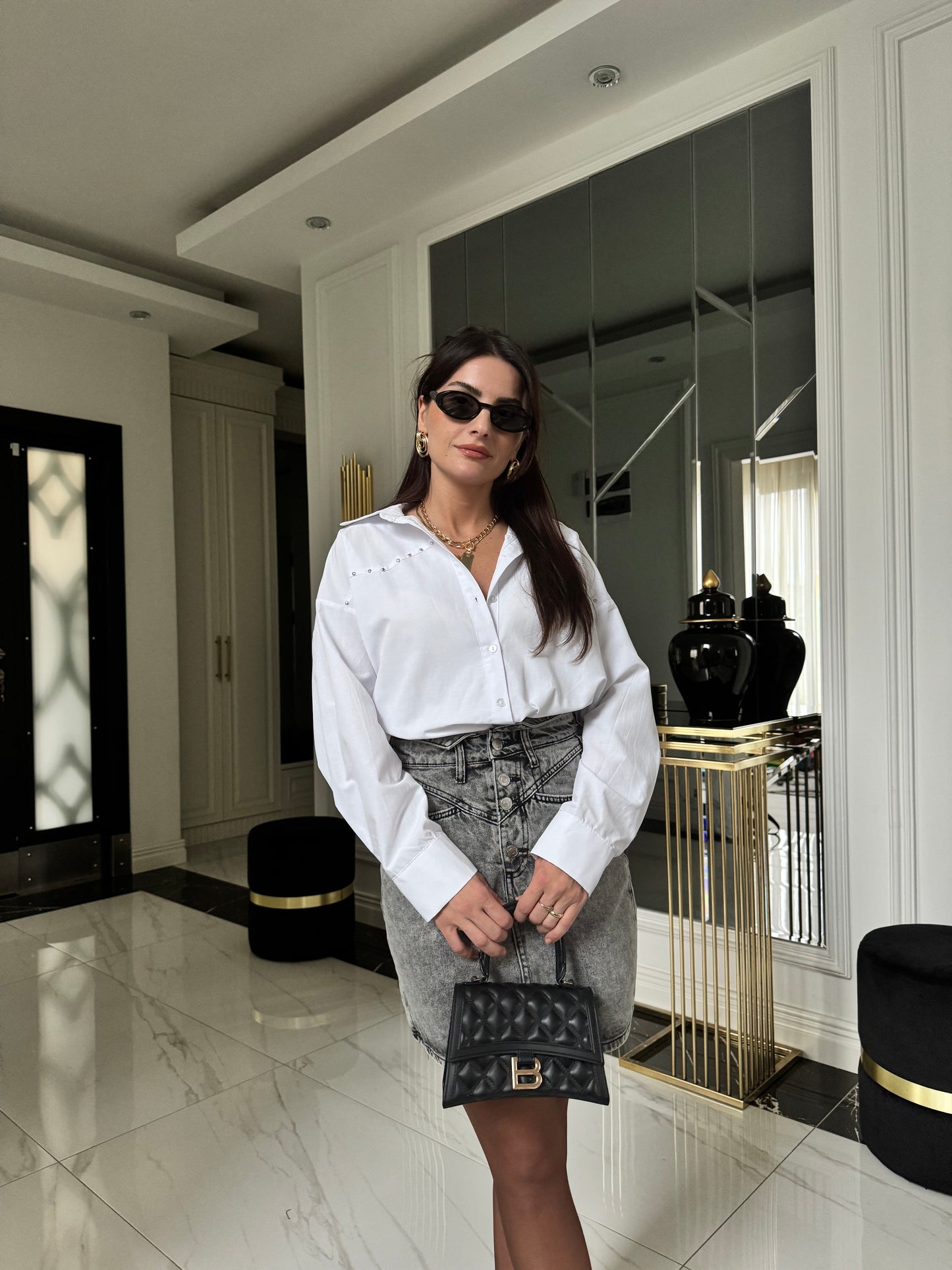 Beyaz Zımbalı Poplin Gömlek
