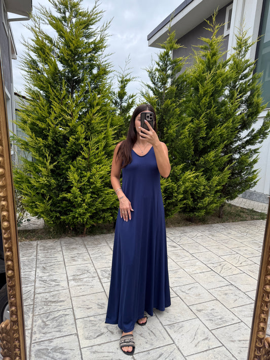 İndigo Askılı Modal Maxi Elbise
