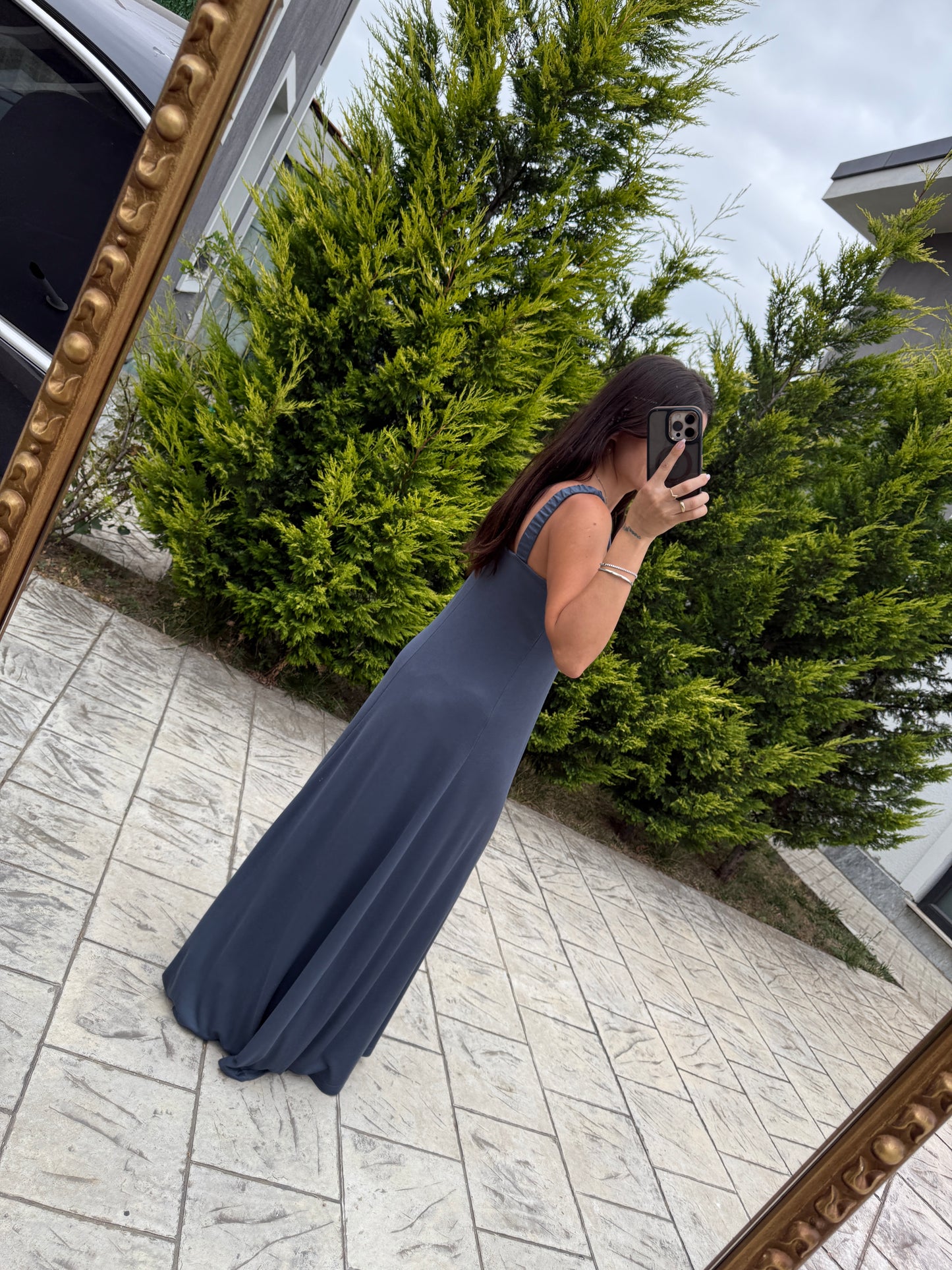 Füme Askılı Modal Maxi Elbise
