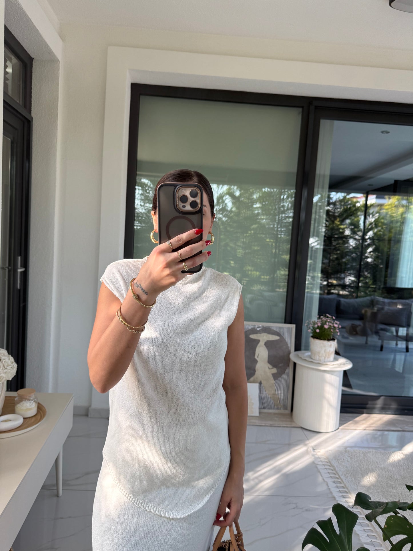 Krem Merserize Etek Bluz Takım