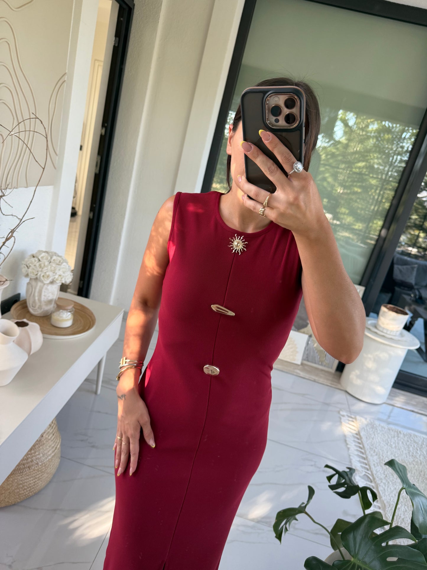 Bordo Gold Aksesuarlı Elbise
