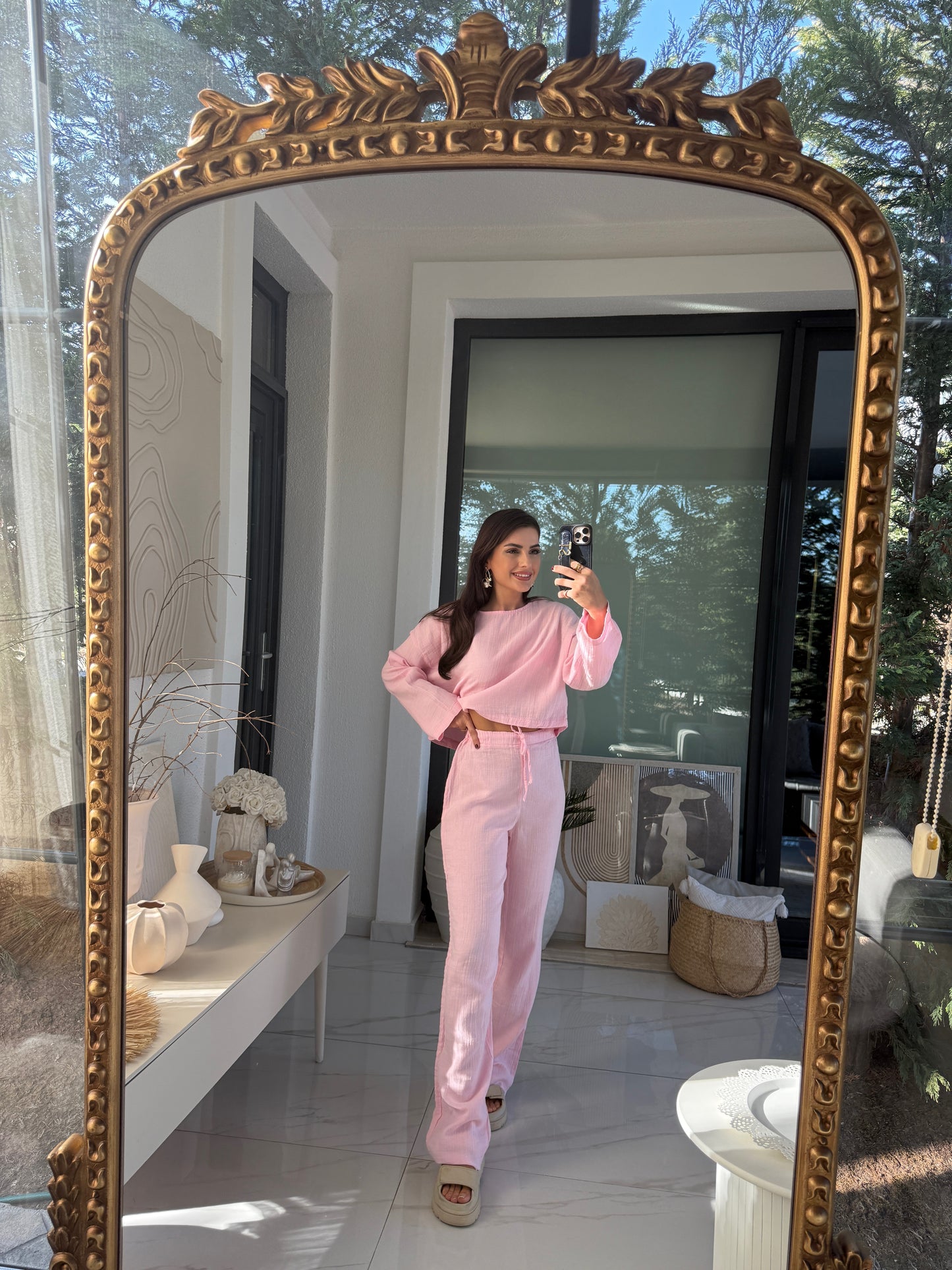 Pembe Müslin Crop Pantolon Takım