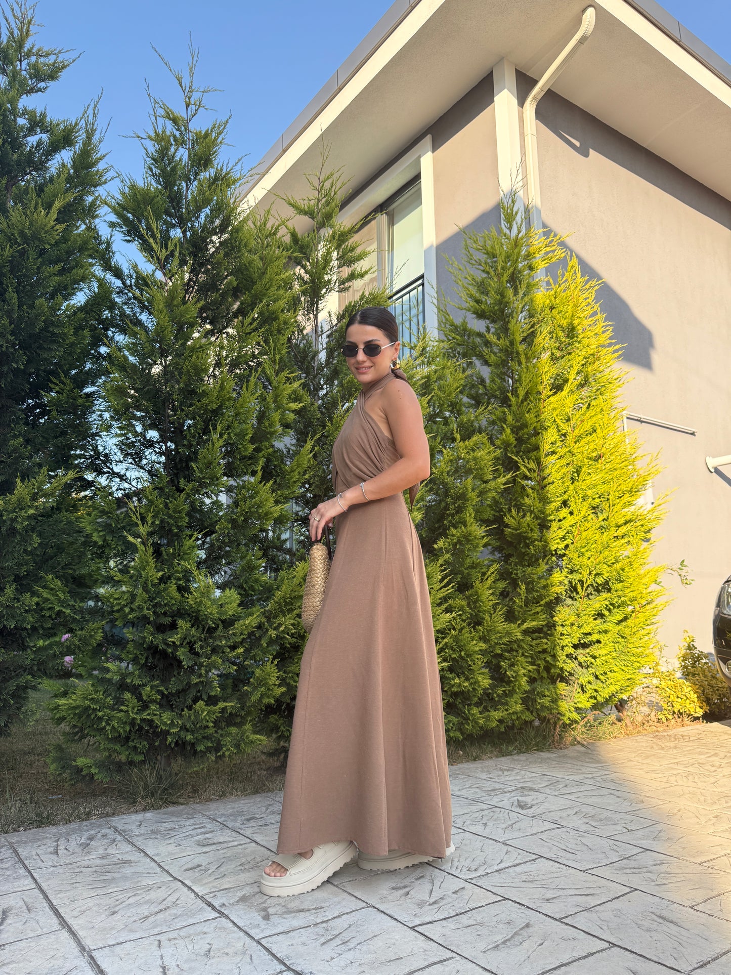 Kahve Çapraz Bağlamalı Keten Elbise
